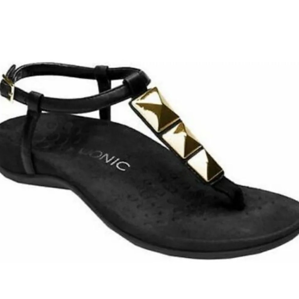 Vionic Nana‎ Black Leather Gold Embellished Sandals Sz 8